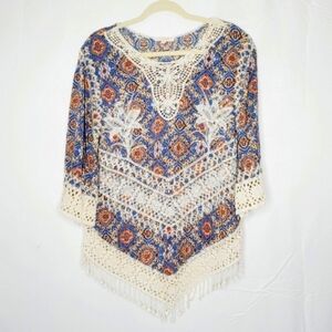 Crochet Lace Floral Top Size L Flare Sleeve Fringe Trim Boho Festival Tunic